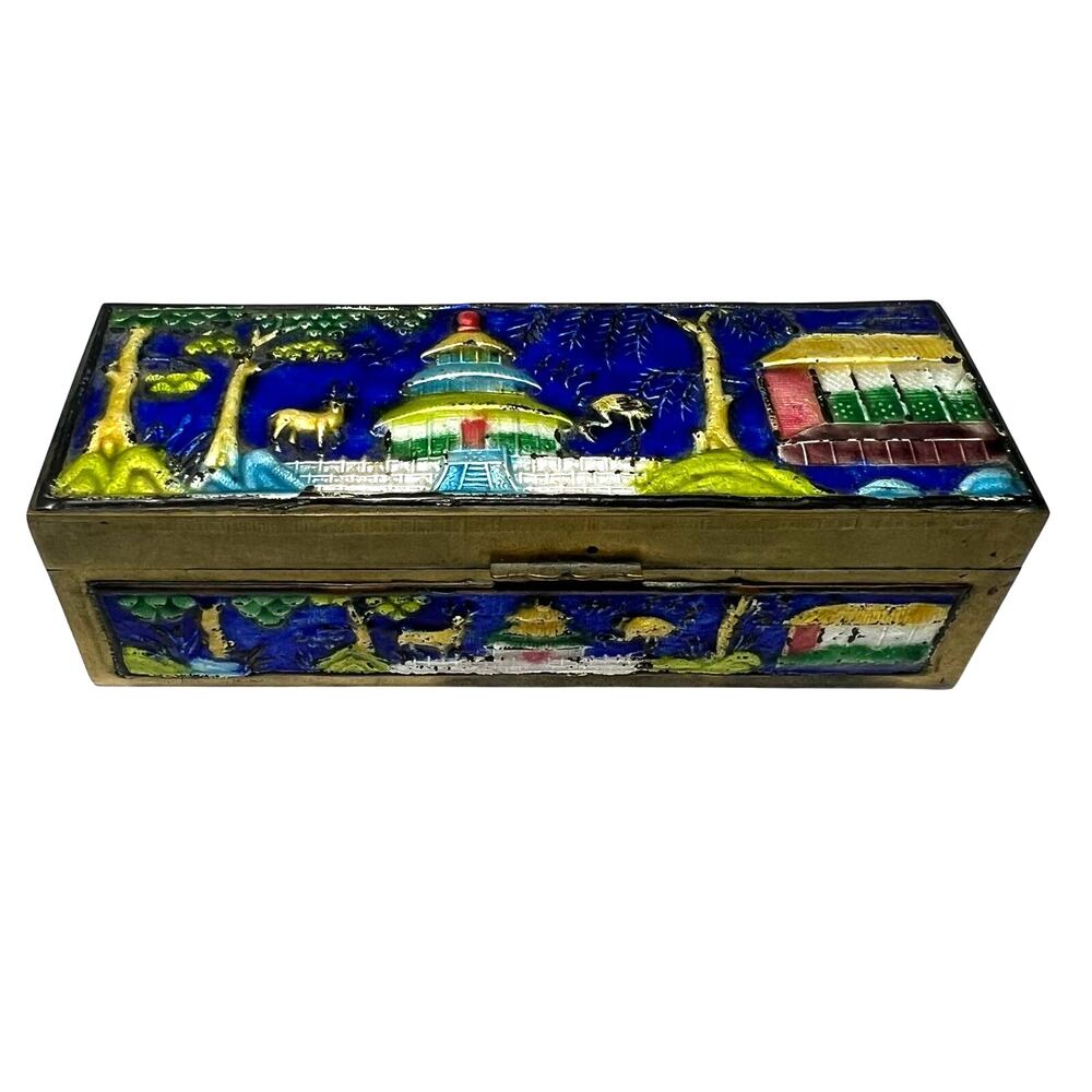 Vintage Temple From Heaven Chinese Cloisonne Box Enamel on Brass Stamp Trinket